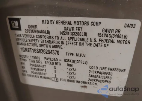 2003 Chevrolet Trailblazer Ext Ls z USA, uszkodzony, nr VIN 1GNET16S036234370